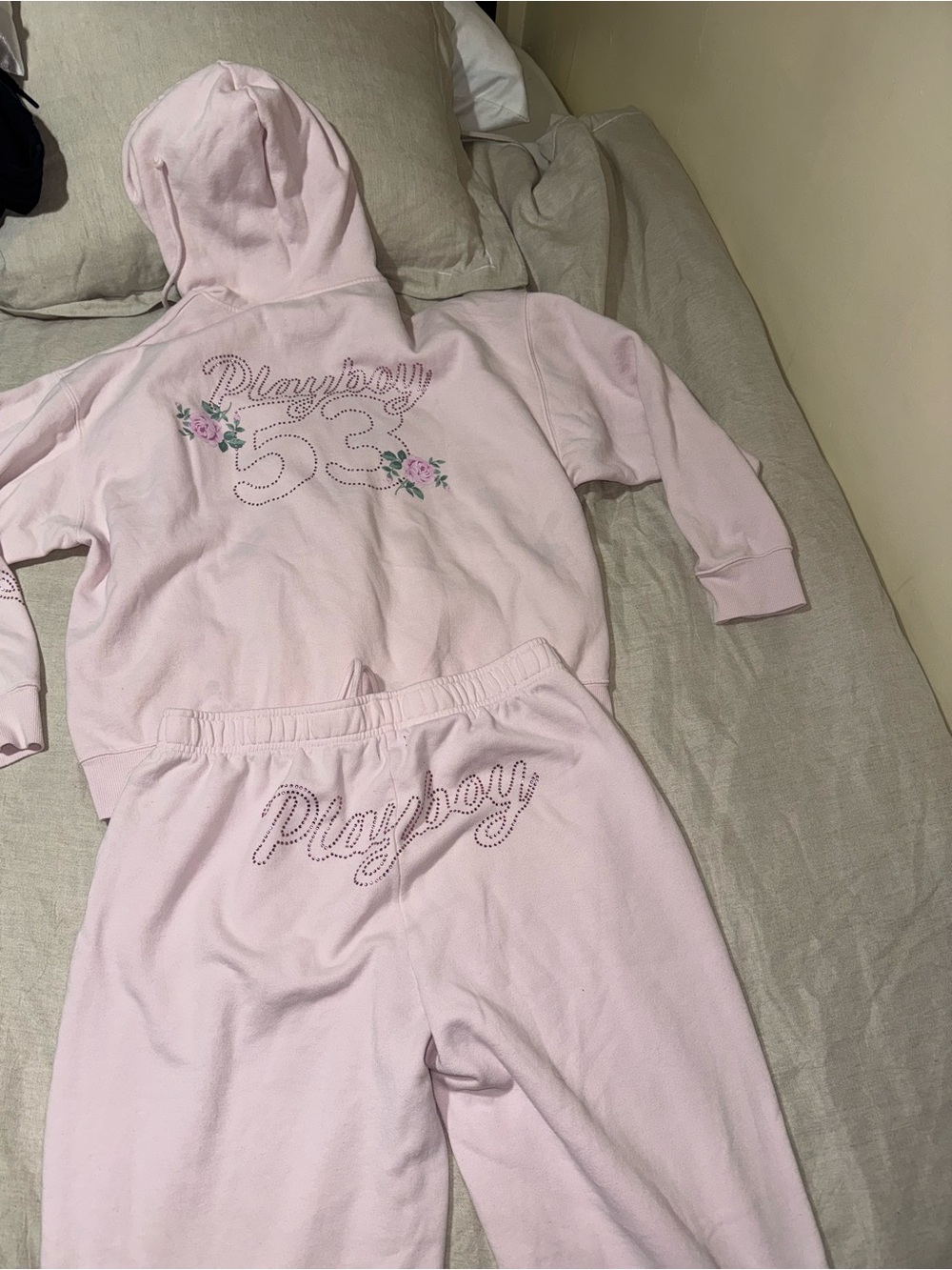 Playboy Pacsun Pink Rhinestone Floral Hoodie Jogger Set Women’s Size L/M Y2K